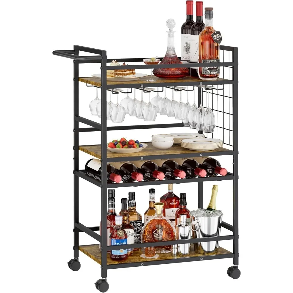 3 Tier Bar Cart on Wheels, Rolling Drink Trolley, Home Bar Service Cart with Wine Rack and Glass Rack for Kitchen Dining Room