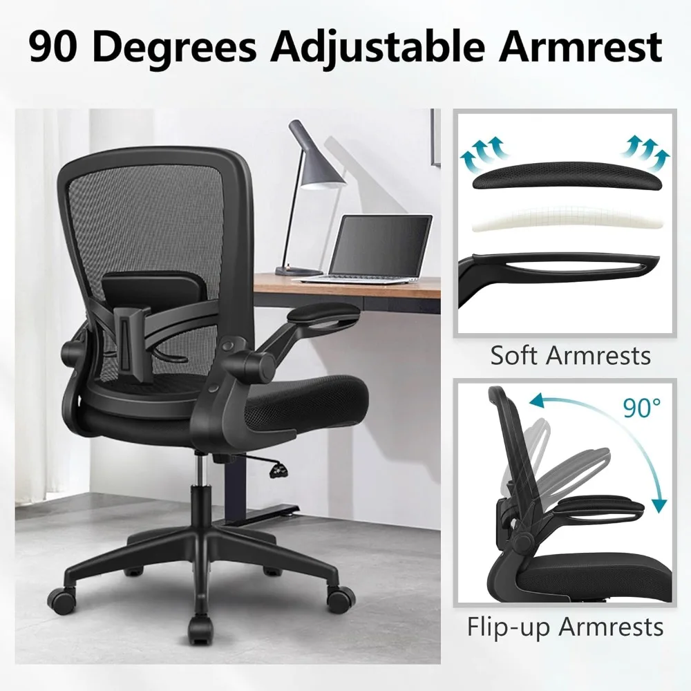 

Office Chair, Ergonomic Breathable Mesh Chair with Adjustable High Back Lumbar Support Flip-up Armrests, Rolling Swivel Comfy