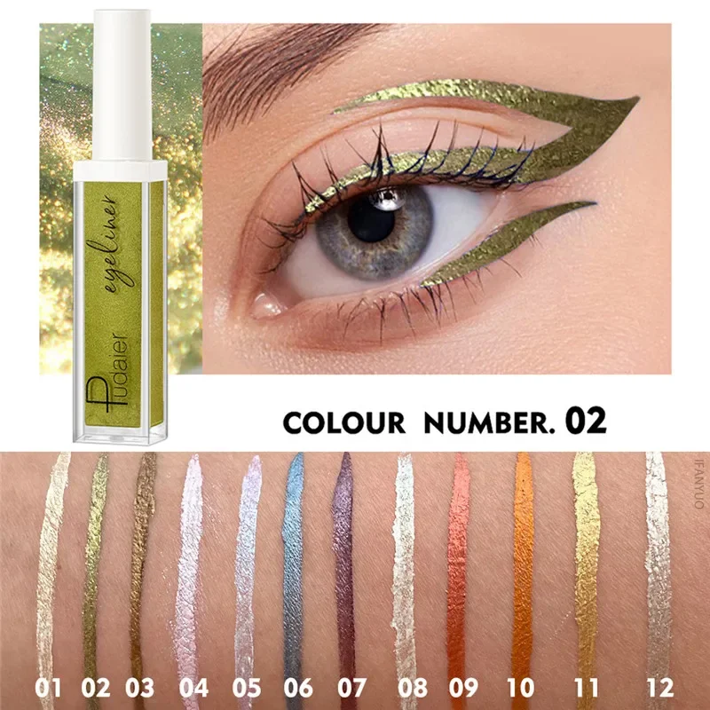 12 Colors Waterproof Metallic Liquid Eyeliner Long-lasting Green Gold Blue Sweatproof Quick-drying Eyeliner Pencil Eyes Makeup