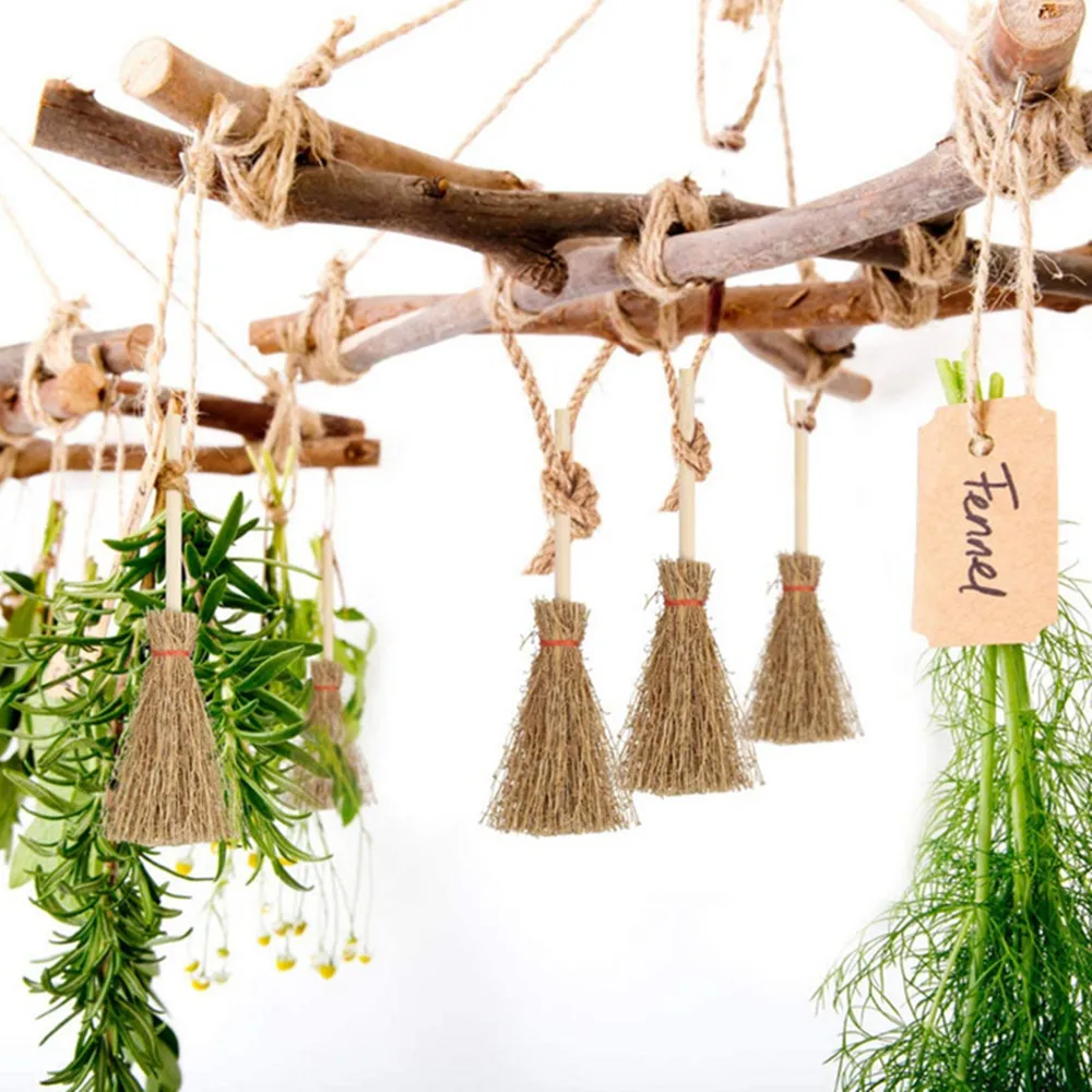 10pcs Miniature Handcraft Broom with Rope Mini Witch Prop Broom Model for Halloween Decoration Accessories Hanging Decoration