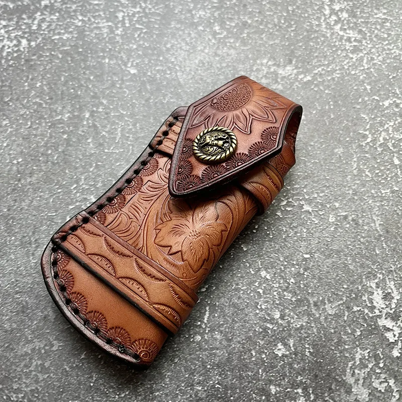 Portable Scabbard for Outdoor Pocket Knife, Carved Top Layer Cowhide Scabbard Universal Sheath, Scabbard 11CM