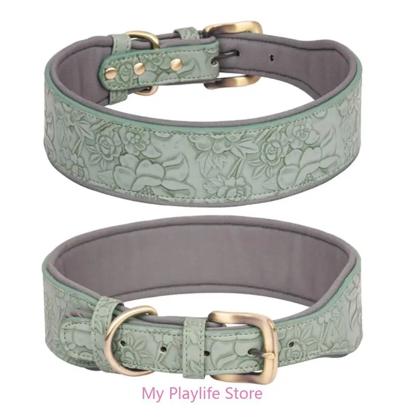 Leather Dog Collars for Walking Soft Wide Padding Embossed Collars for Medium Large Breeds Pet Training Collar Accessories