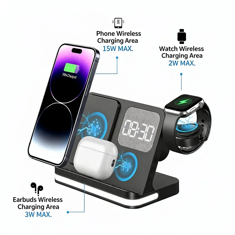 4-in-1 Wireless Charger Station with LED Clock & Alarm for Iphone Samsung HuaWei Fast Charging Dock for Phone Earbuds Smartwatch