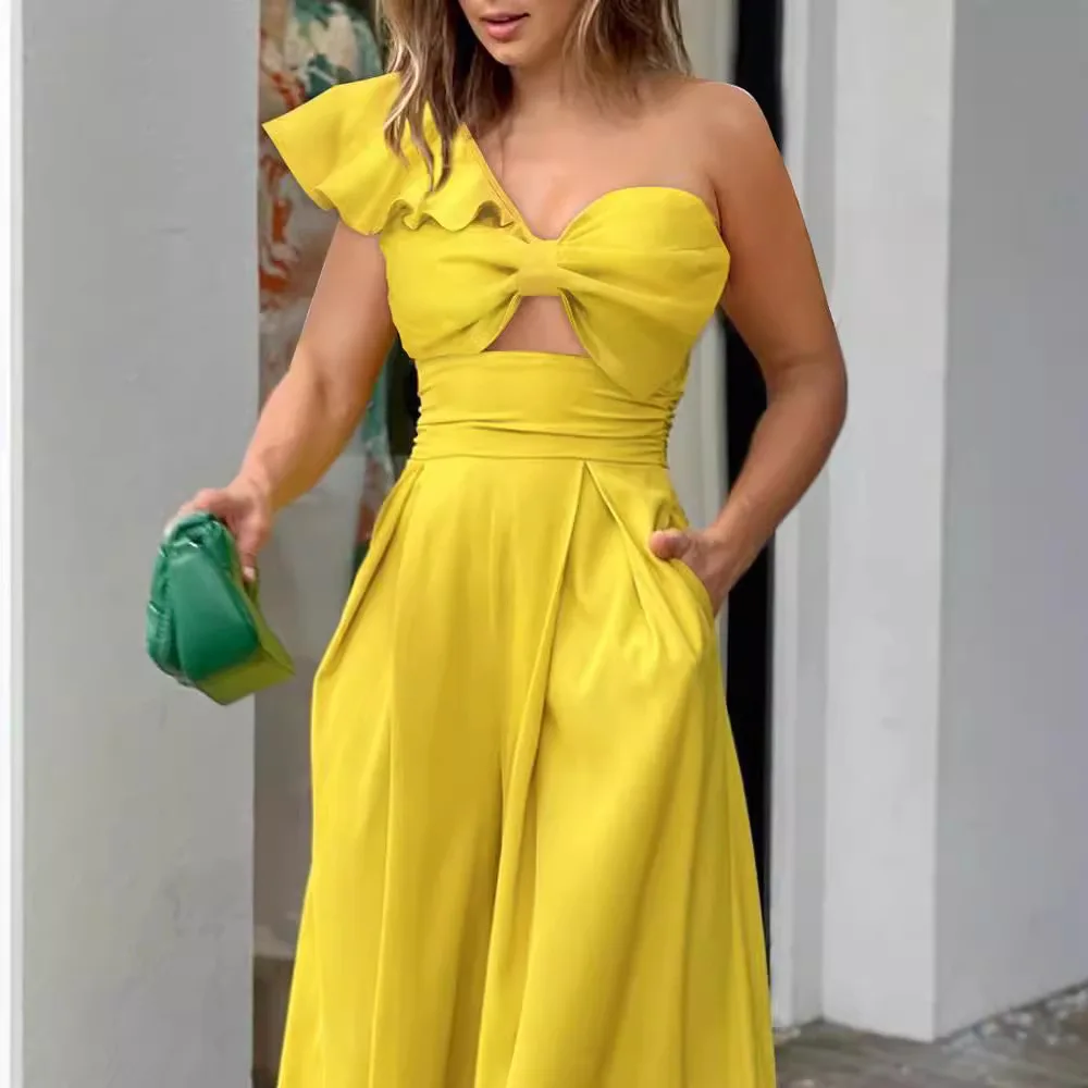 Ruffle One Shoulder Sleeve Wide Leg Loose Pants Jumpsuit Women Sexy Solid Color Full Length New Sexy