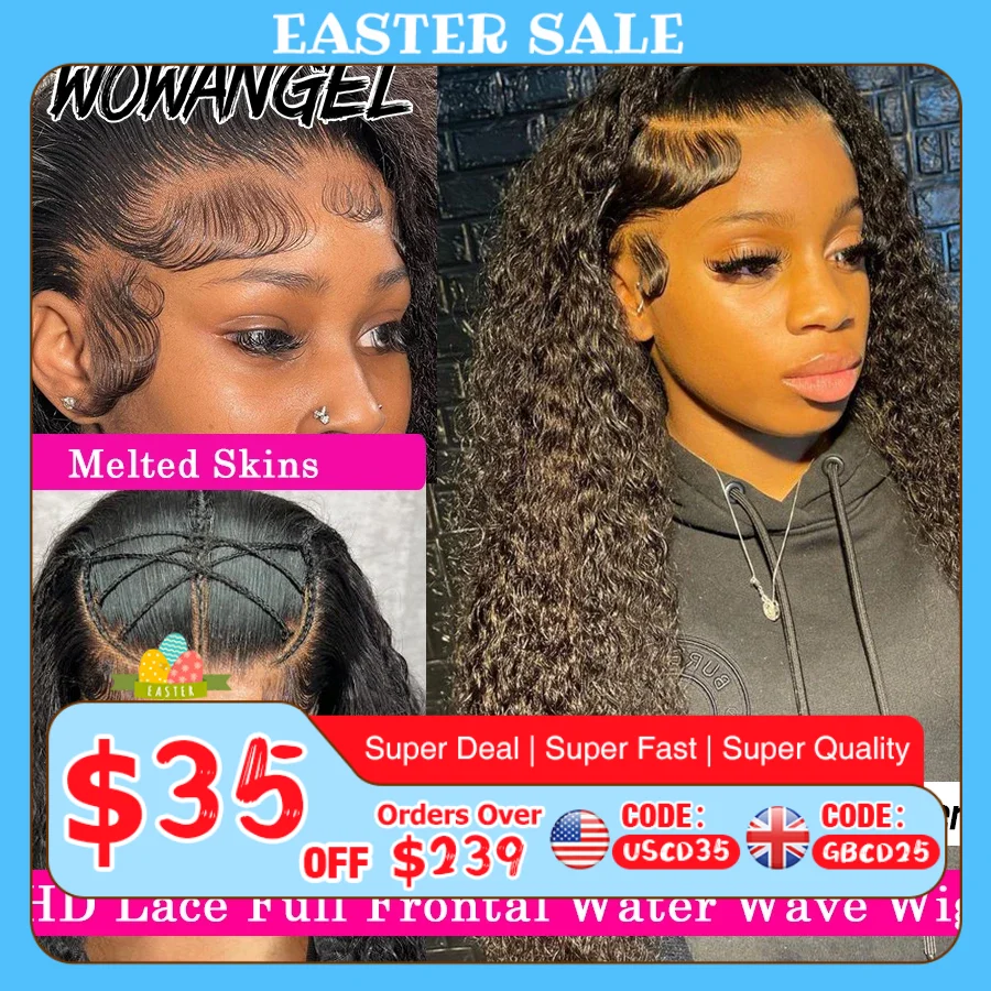 Wow Angel 250% HD pelucas frontales de encaje 13X6 pelucas onduladas de agua pelucas frontales de encaje 13x4 peluca rizada prearrancada peluca de cabello humano para mujer
