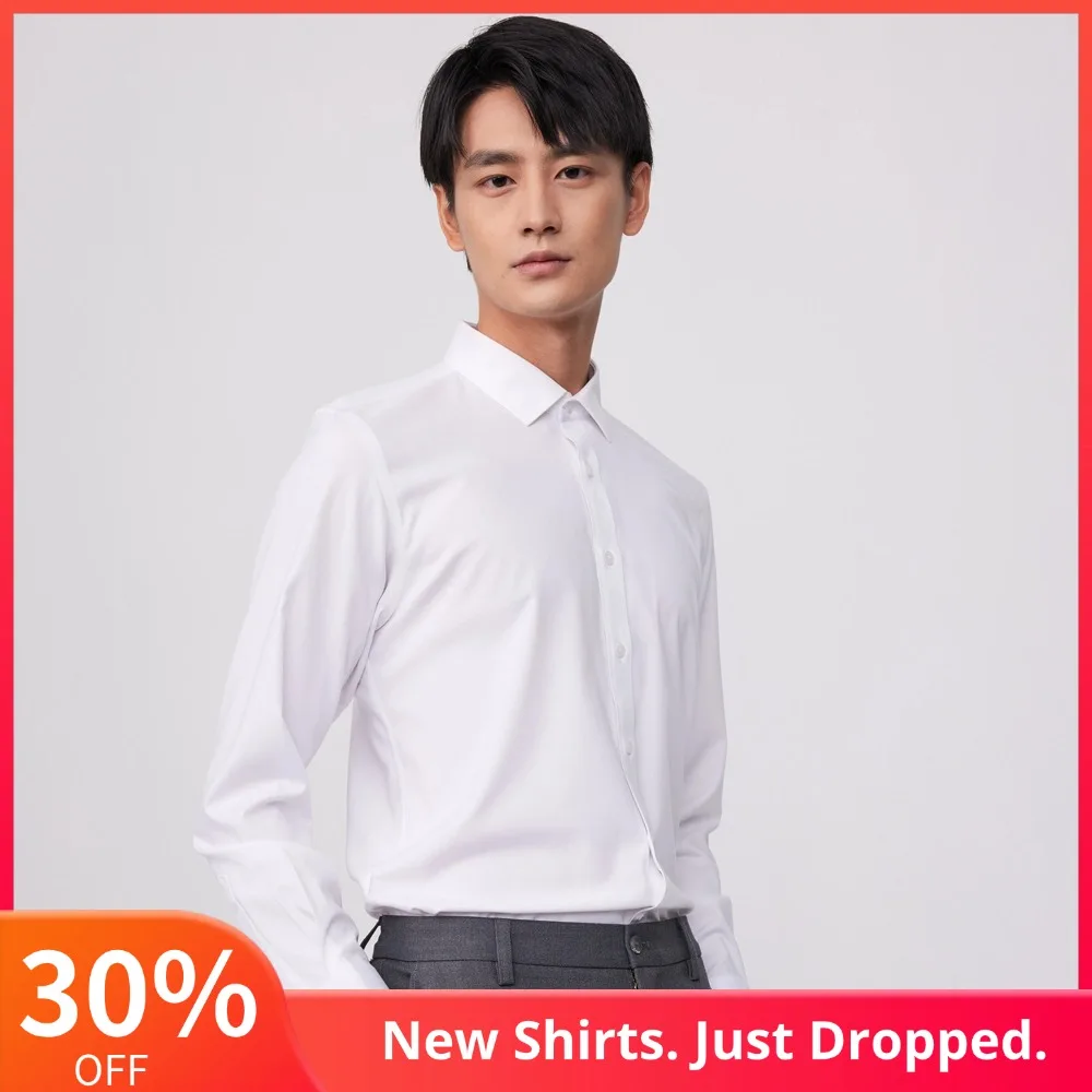 Chemise habillée basique en Fiber de bambou pour hommes, sans fer, légèrement extensible, sans poche, intelligente, décontractée, coupe cintrée, manches longues, chemises blanches de bureau