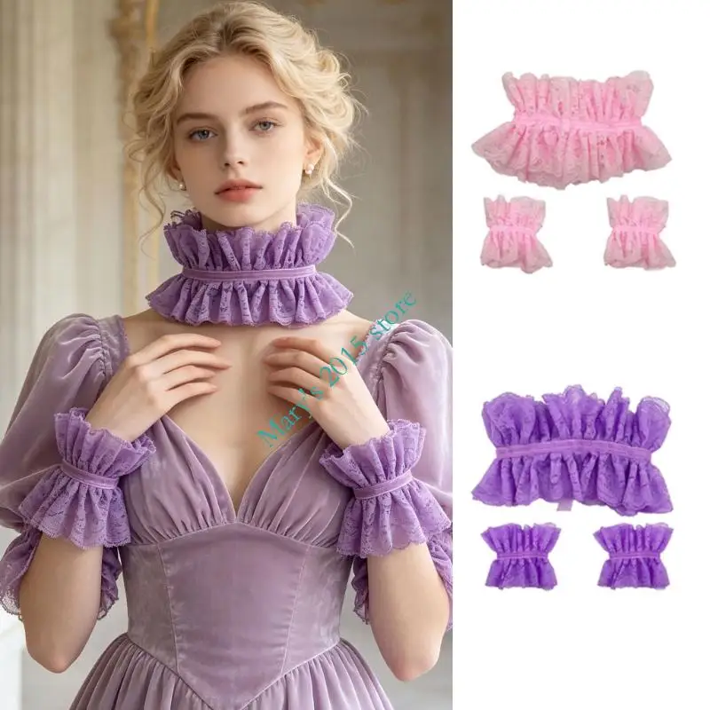 Detachable Lace Collar & Cuffs Set with Layered Patterned Trim for Coordinating the Neckline and Wrists Over Sweaters and Dress