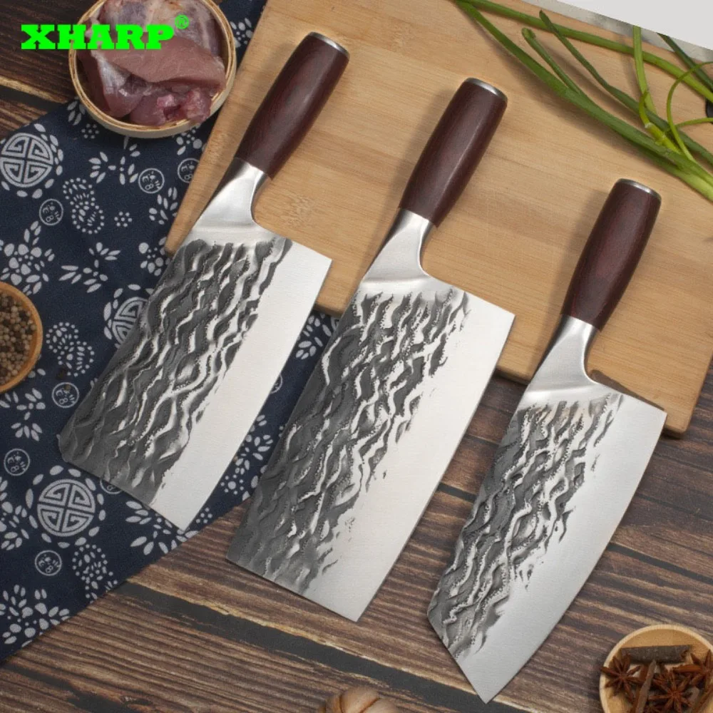 XHARP Chinese Kitchen Knife Chopping Knife Slicing Knife Forged Blade Wood Handle 50Cr15mov Steel Cleaver Knives Kitchen Tools