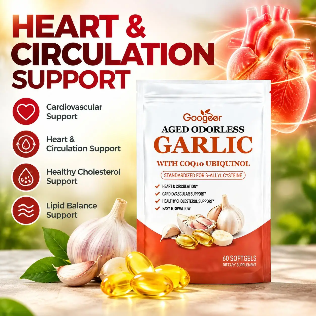 Aged Odorless Garlic Softgels Promote Cardiovascular Health & Immune Balance & Antioxidant CoQ10 Ubiquinol Vitamin K2 SAC 60pcs
