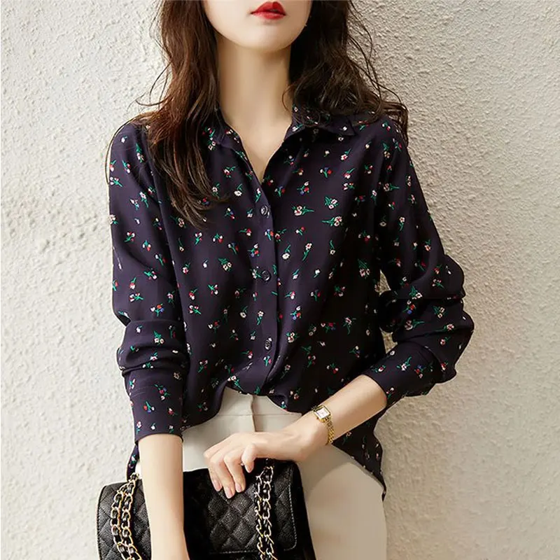 Casual Printed Single-breasted Blouse Women\'s Clothing Commute Turn-down Collar Vintage Spring Long Sleeve Korean Loose Shirt