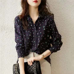 Blusa informal estampada de un solo pecho para mujer, ropa de viaje, cuello vuelto, camisa suelta coreana Vintage de manga larga de primavera