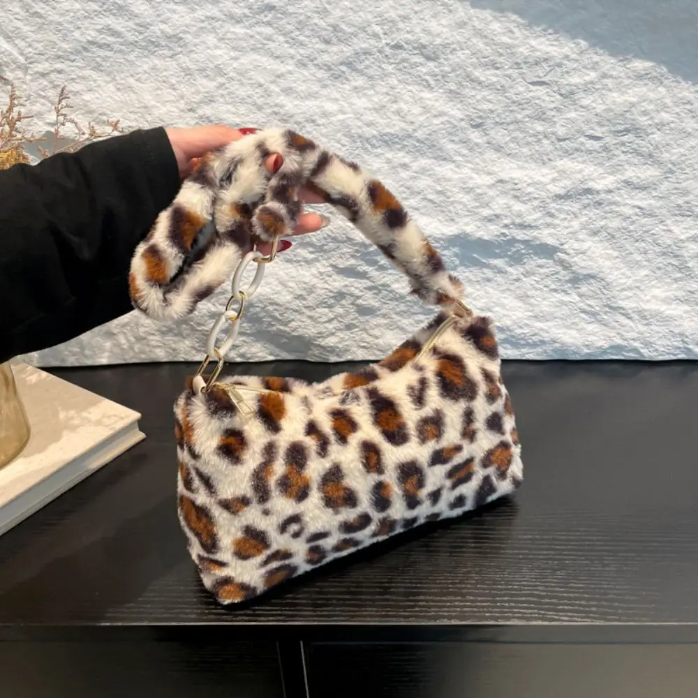 Retro Leopard Print Shoulder Bags Faux Fur Cow Print Design Faux Fur Handbags Soft Underarm Bags Winter Season