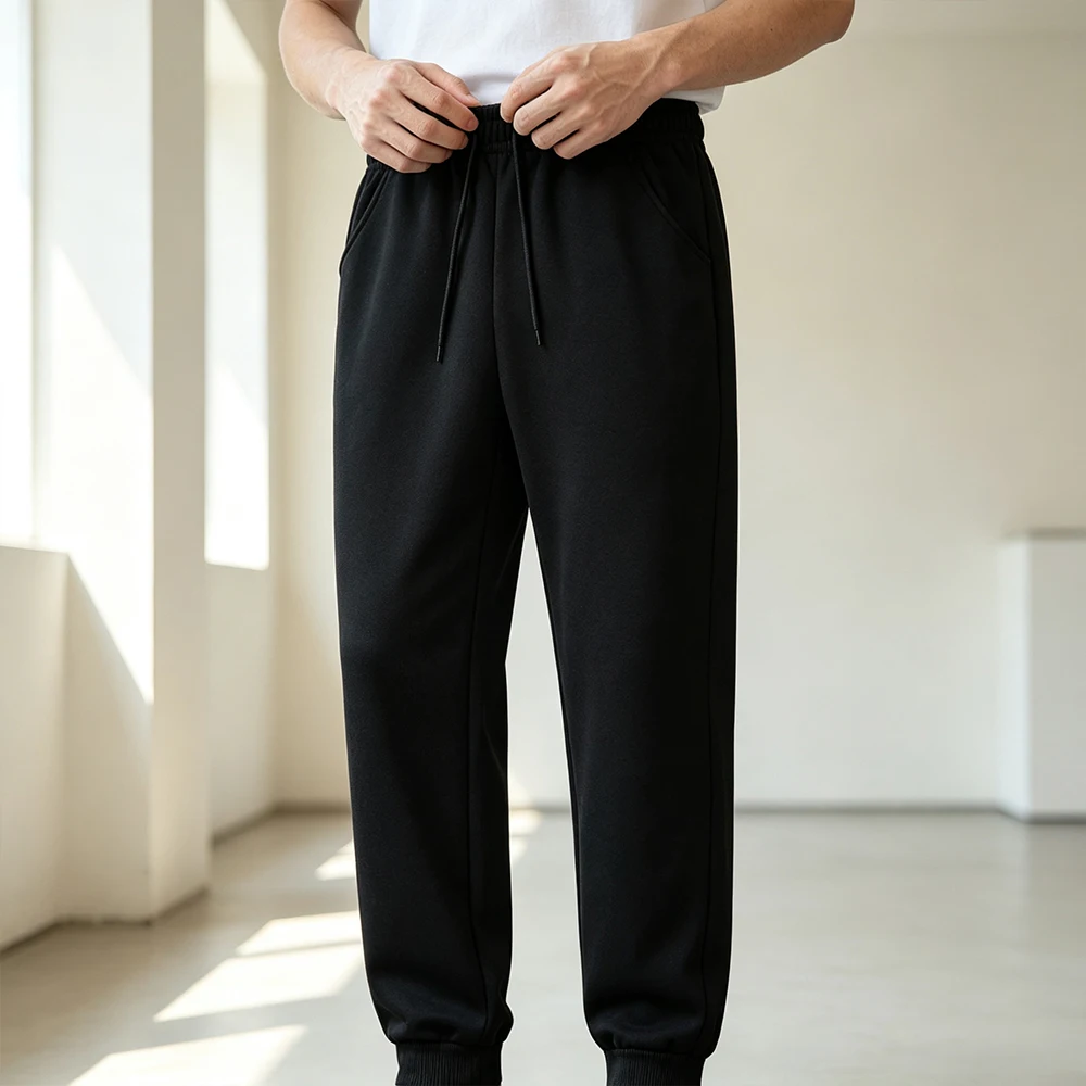 Men Sweatpants Black Fleece Lined Long Trousers with Elastic Waist Drawstring Side Pockets Outdoor Daily Casual Athletic Pants