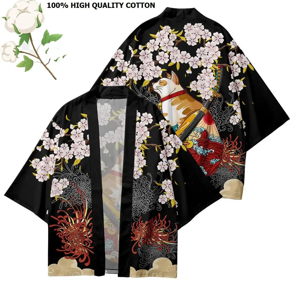 حار بيع ثوب الكيمونو الياباني يوكاتا القط طباعة قميص جودة عالية 100% ملابس قطنية Harajuku سترة التقليدية هاوري كيمونو