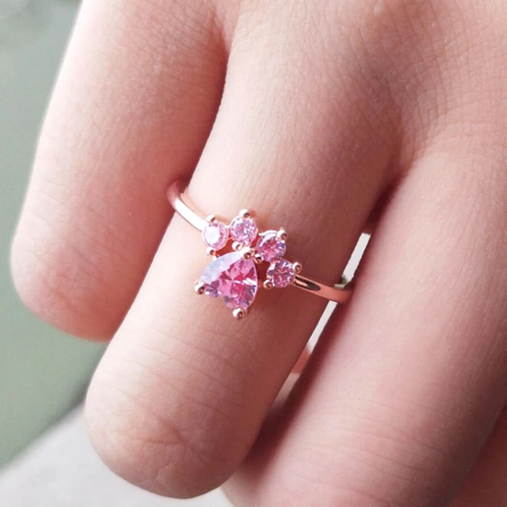 Cute Cartoon Opening Adjustable Cat Footprint Zircon Ring Female Electroplated Environmentally Friendly Silver
