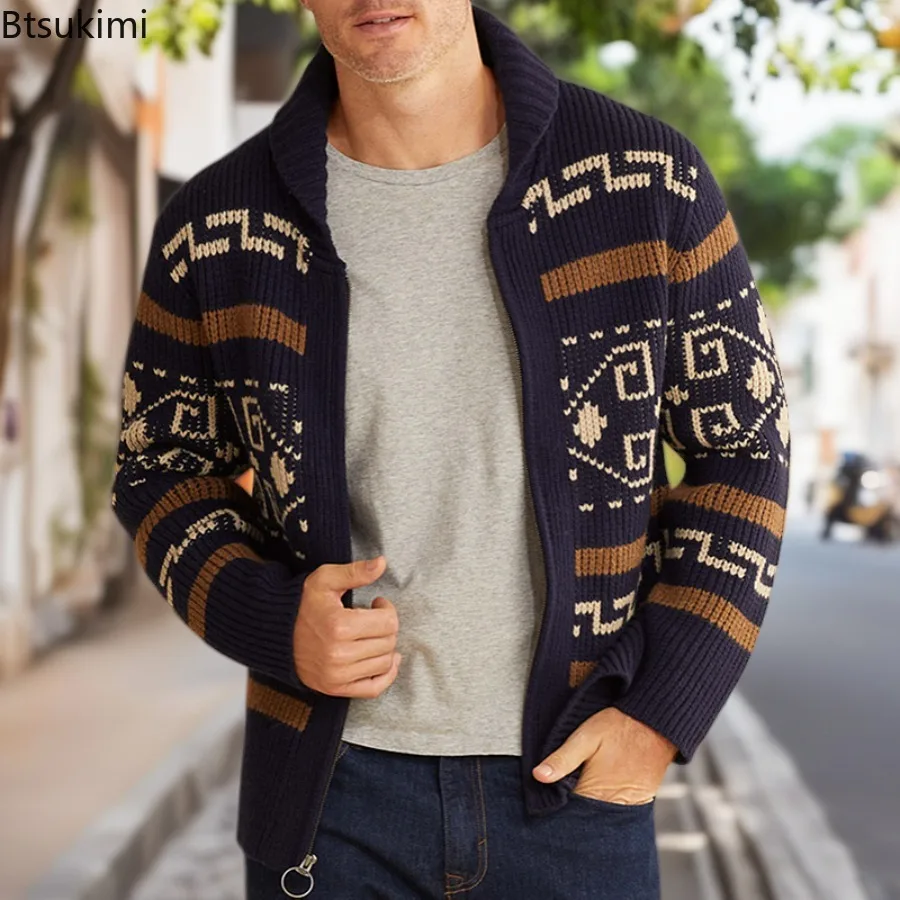 

New Autumn Winter Men's Knitted Sweater Coats Vintage Jacquard Long Sleeve Casual Cardigan Jacket High-end Thicken Sweaters Male