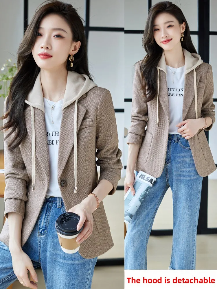Plaid Hooded Suit Jacket Women's Casual High-Waisted Polyester Fiber Long Sleeve Button Closure Thickened Autumn Spring Fashion