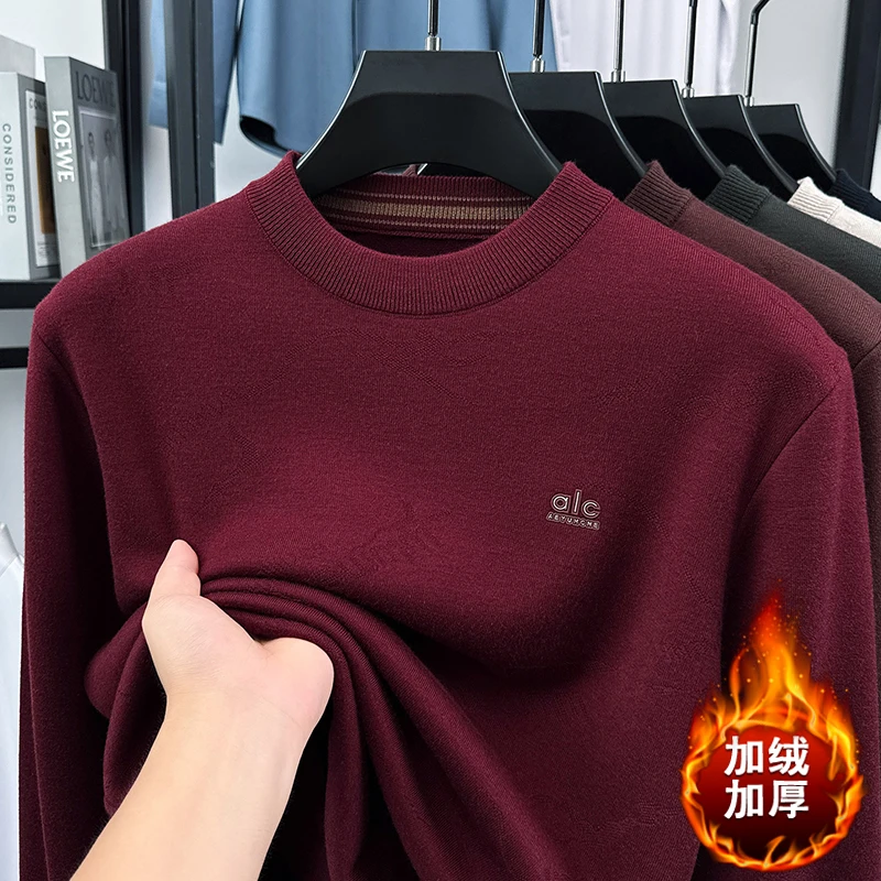 

Thickened Men's Sweater with Added Fleece, Winter Round Neck Outfit, Base Coat, One-piece Fleece Warm Knit Sweater