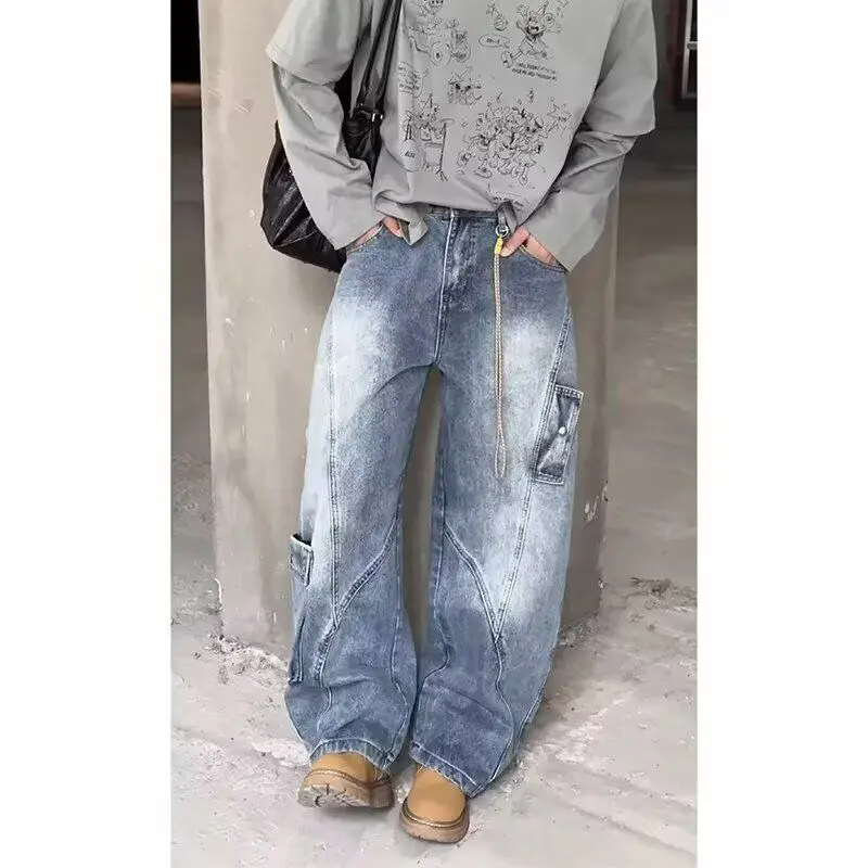 Women's Multi-pocket Design Vintage Jeans Spring Street Unisex Sweatpants Girl Wide Leg Pants Female High Waisted Baggy Trousers