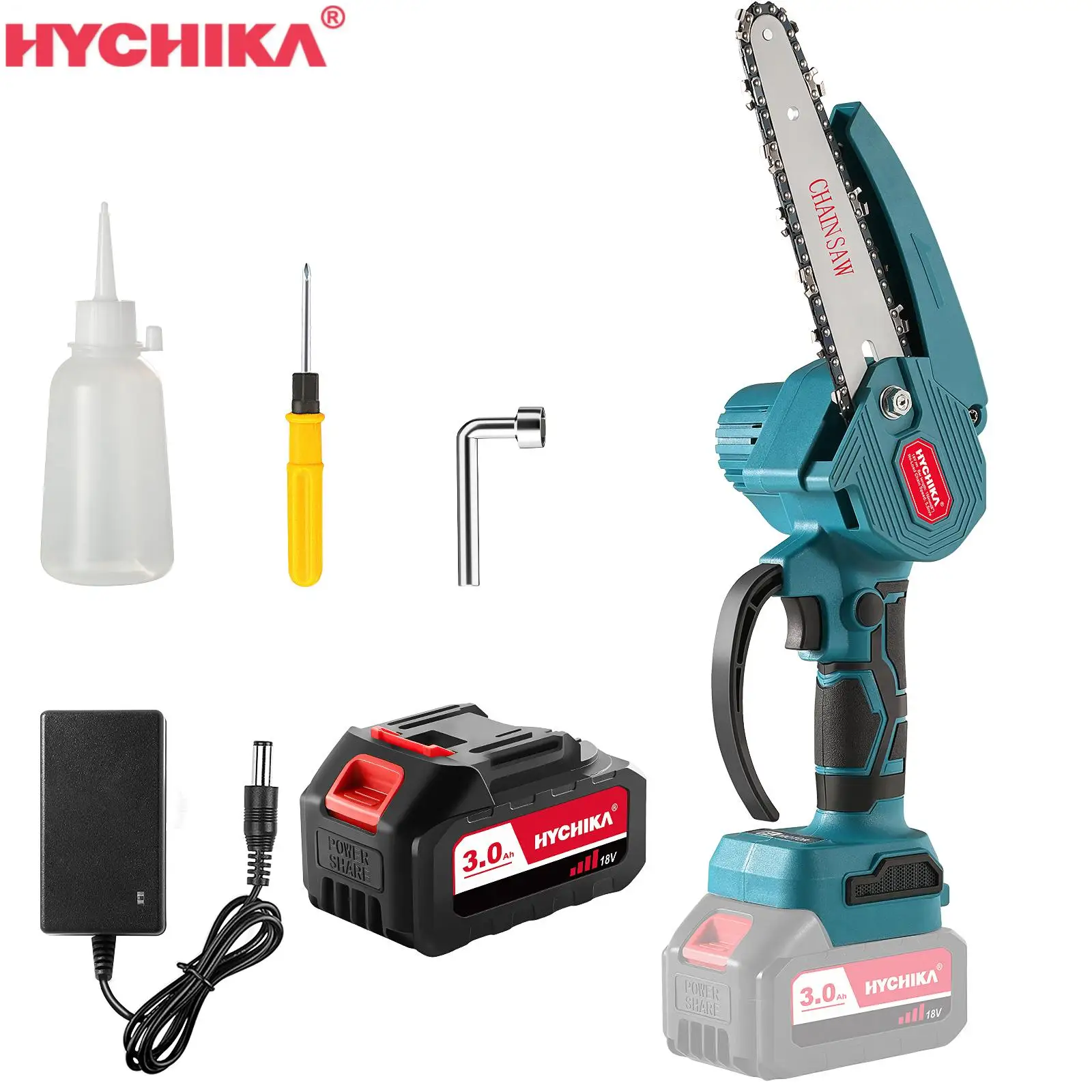 HYCHIKA Brushless Chain Saw 18V Cordless 6 Inch Mini saw 3000mAh Pruning Saw Portable Woodworking Electric Saw Cutting Tool