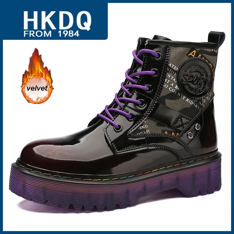 HKDQ Autumn Winter Velvet Platform Boots Women Quality Leather Woman Ankle Boots Outdoor Fashion Glitter Women's High Top Boots