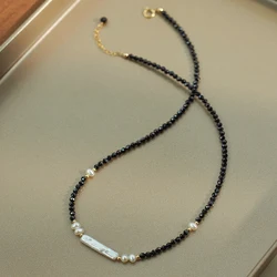 HENGSHENG OL Black Spinel Natural Crystal 4-5mm 5*20mm Freshwater Baroque Pearl 14K Deposit Necklace For Women Girl Jewelry Gift