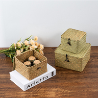 3pcs Wicker Storage Basket Natural Woven Seagrass Storage Box with Lid Desktop Sundries Organizer S/M/L Home Decor