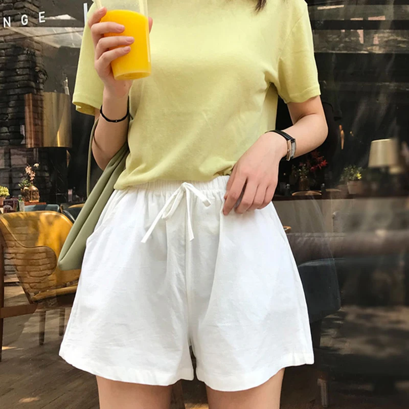 المرأة القطن والكتان قصيرة ، الكورية ، فضفاض ، طيات الصلبة ، ارتفاع الخصر ، السراويل عارضة الإناث ، الصيف ، كل مباراة ، السيدات الرياضية ، جديد ، Y2K #3