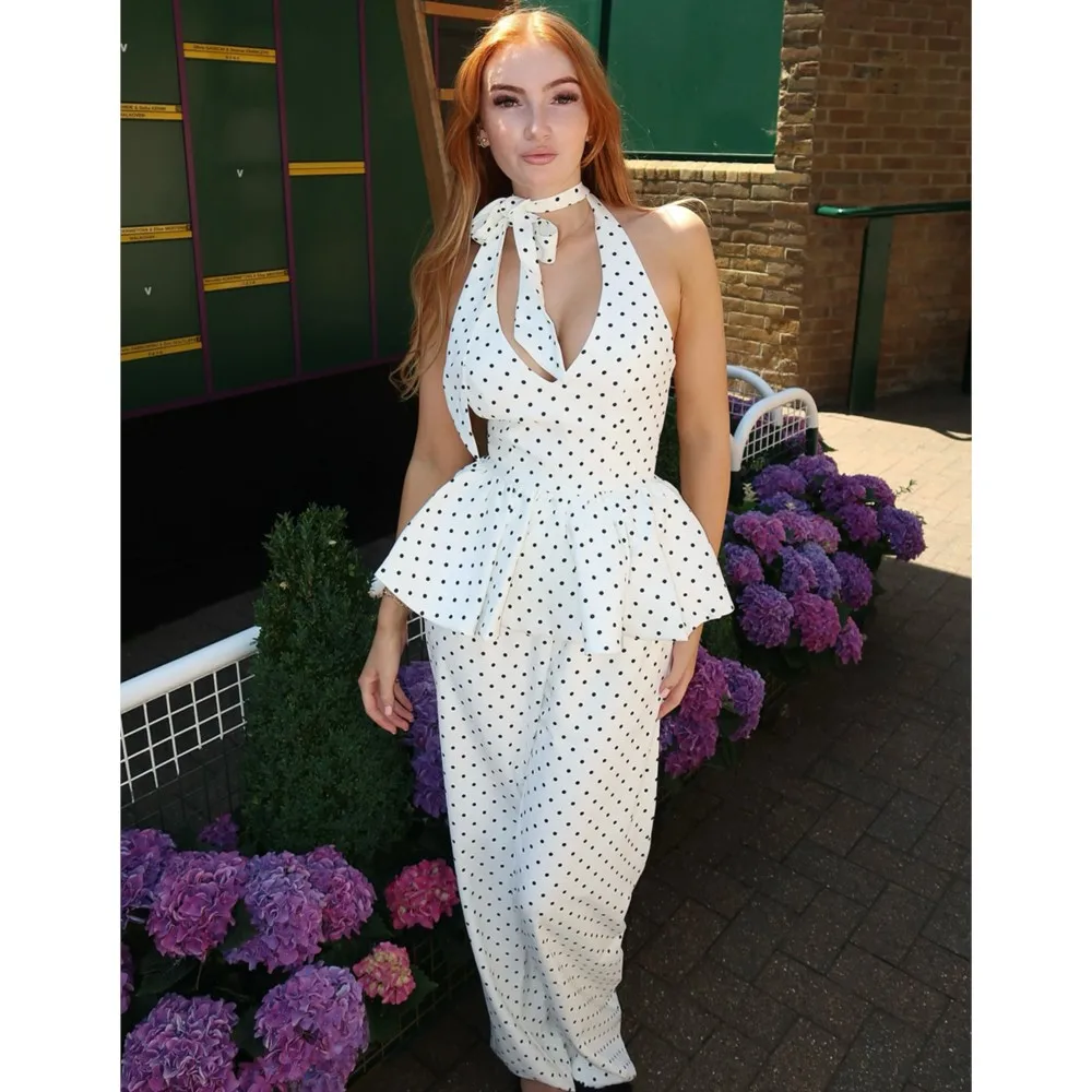 

Fashion Polka Dot Printed Trousers Set Women 2026summer Sexy Deep V Neck Halterneck Suspender + Wide Leg Pants 2piece Set Female