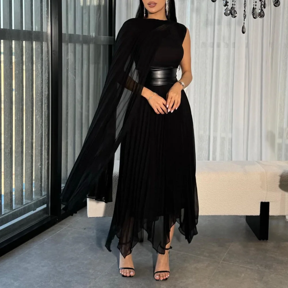 Epoch Chiffon Evening Dress فساتين سهره سعوديه A-Line Elegant Pleat Black Cocktail Prom Gown With Long Shawl Sexy Women 2024