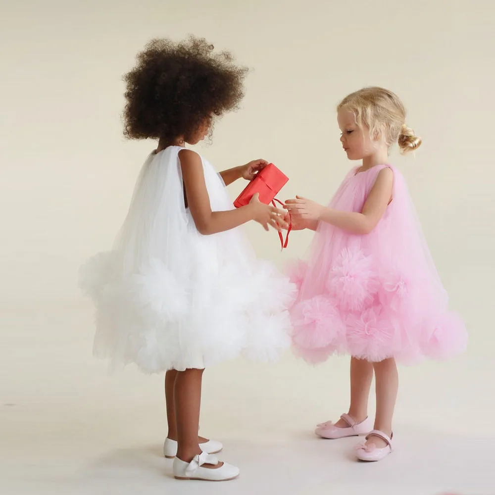 

Cute Floral Tutu Tulle Little Kid Dresses Flower Girls Dresses A-line Knee Length Tulle Daughter Birthday Party Dresses