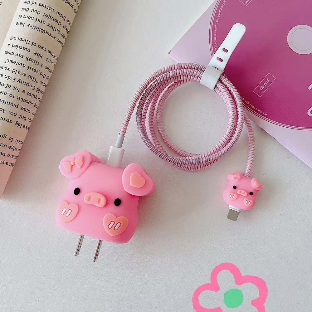 Cute 3D Cartoon Pig Silicone Charger Protective Case For iPhone 18W/20W Fast Charging Cable Data Protector Cover Charger Sleeve
