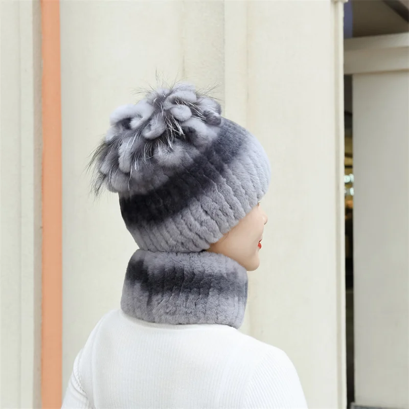 Ensembles de bonnet et écharpe en fourrure de lapin Rex véritable pour femme, 100% fourrure naturelle, chaud, hiver