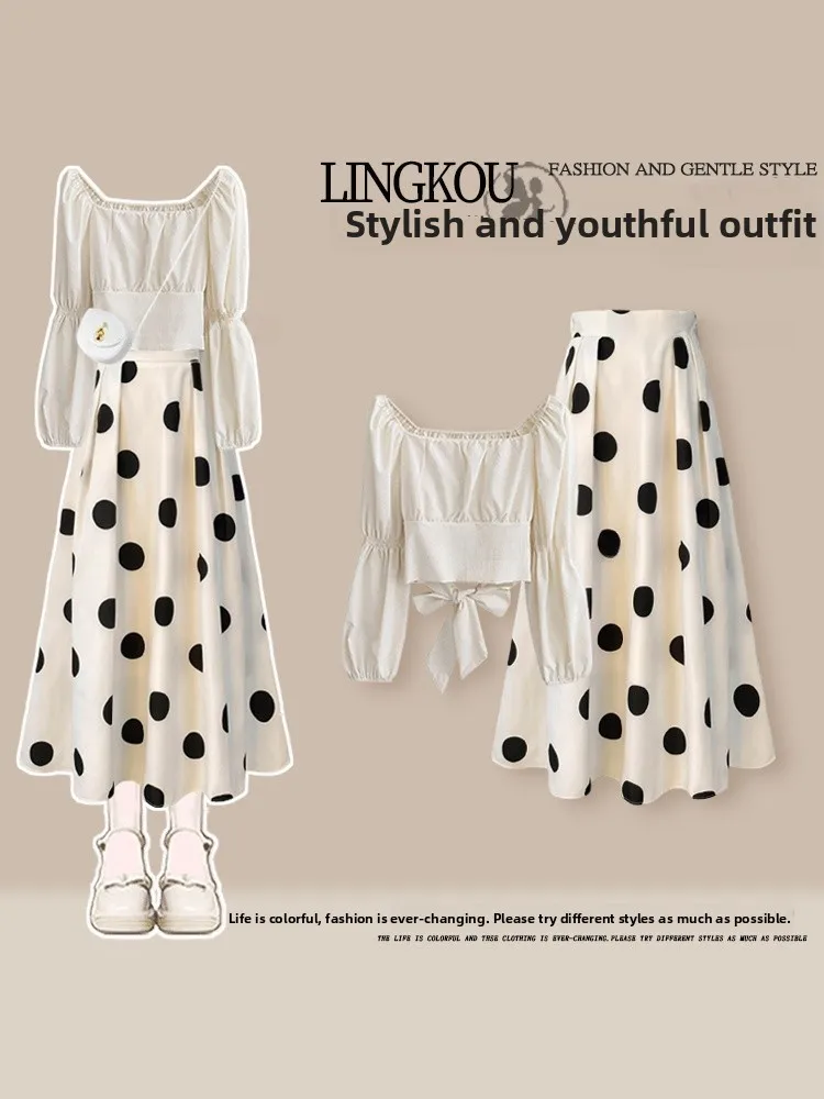 

Fashionable Large Size Early Autumn Set Women's Design Sensation Youthful Long Sleeve High Waist Polka Dot Half Skirt Two Pie...