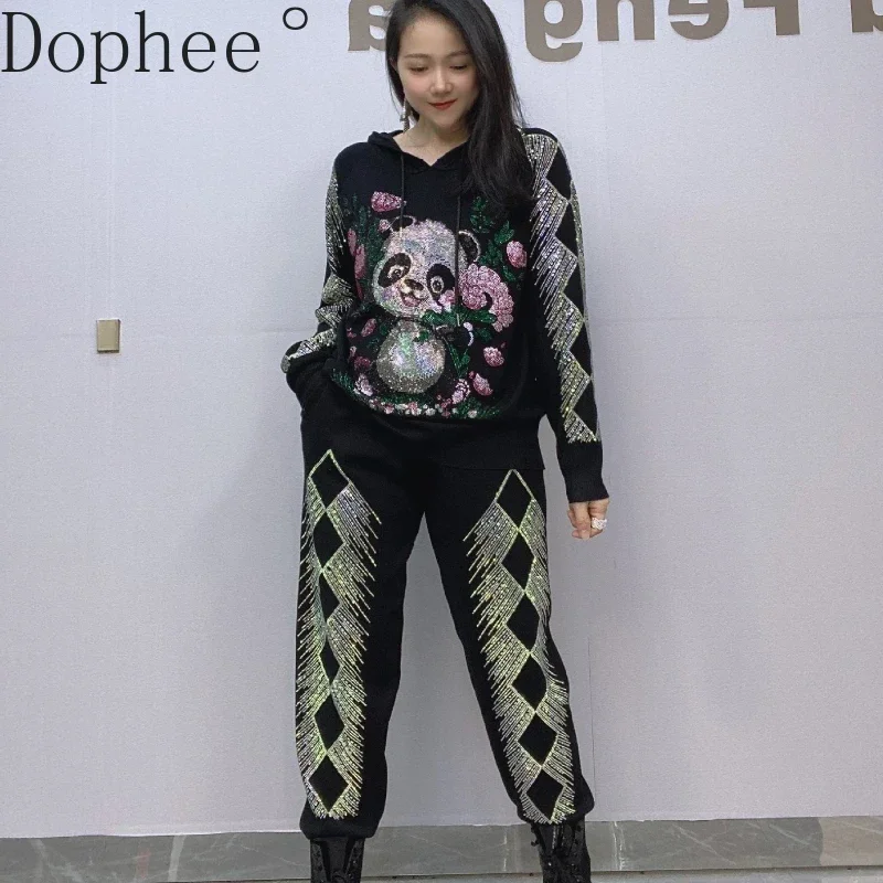 

2025 New Spring Women Knitted Two-piece Set Hooded Panda Hot Drilling Casual Sweater Top + Shiny Harem Pants Black Knit Suits