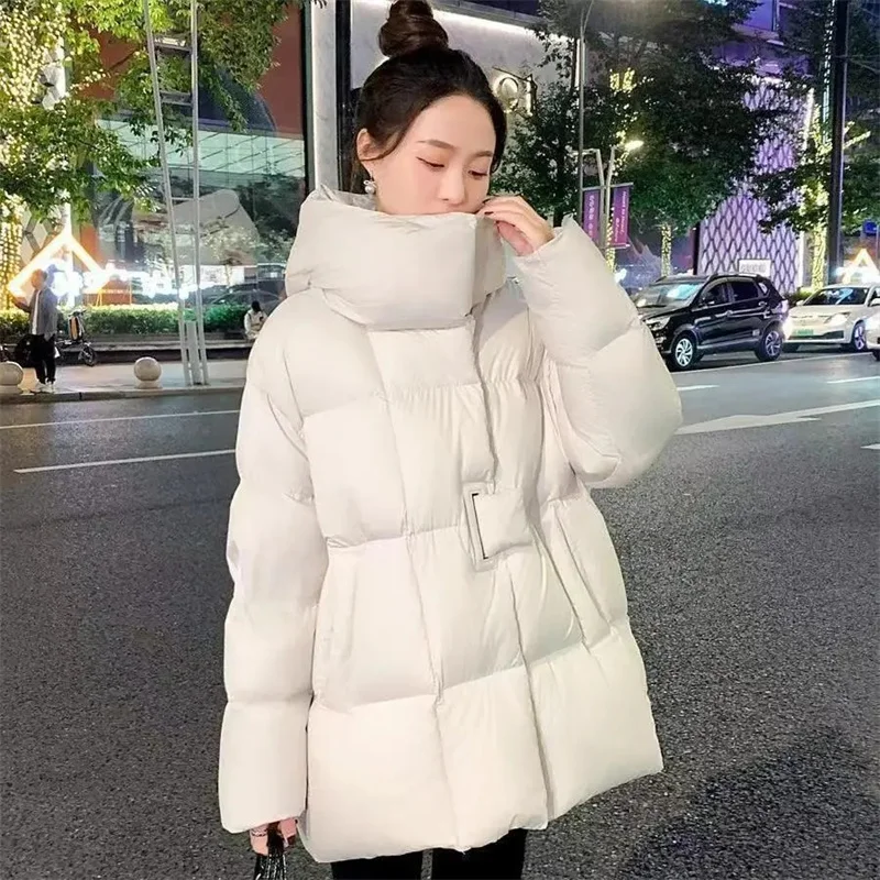 

Women Down Jacket Hooded Loose Puffer Casual Warm Autumn Winter Outwear White Duck Down Cotton Stand Collar Coat 2025