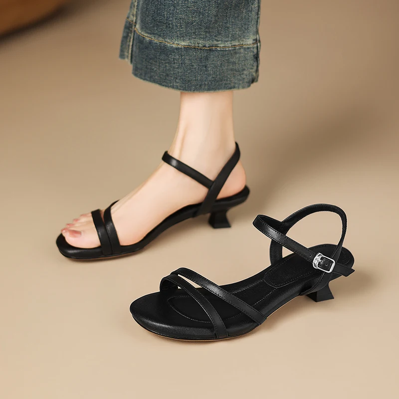 2026 new summer women sandals natural leather plus size 22-26cm cowhide+pigskin strap ankle-buckle high heel women shoes