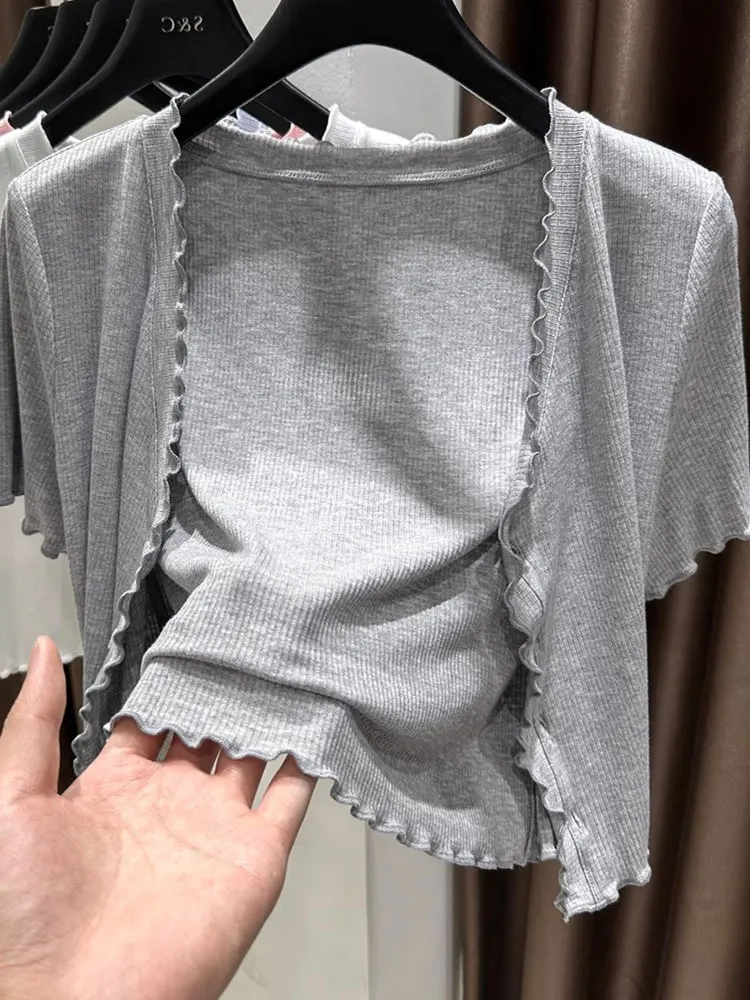 

Summer Short Sleeve Hollow out Ice Silk Knitted Cardigan Women's Tank Top Skirt Outerwear Lightweight Shawl Coat Korean Style