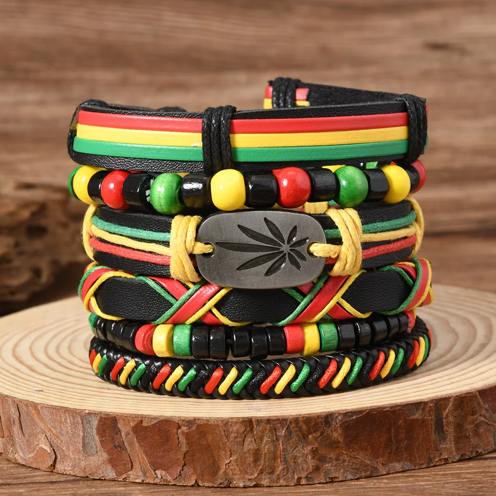Men's Rasta Leather Bracelet Set Multilayer Braided Beaded Wristbands Reggae Jamaican Style Punk Boho Jewelry Gift for Men Teens