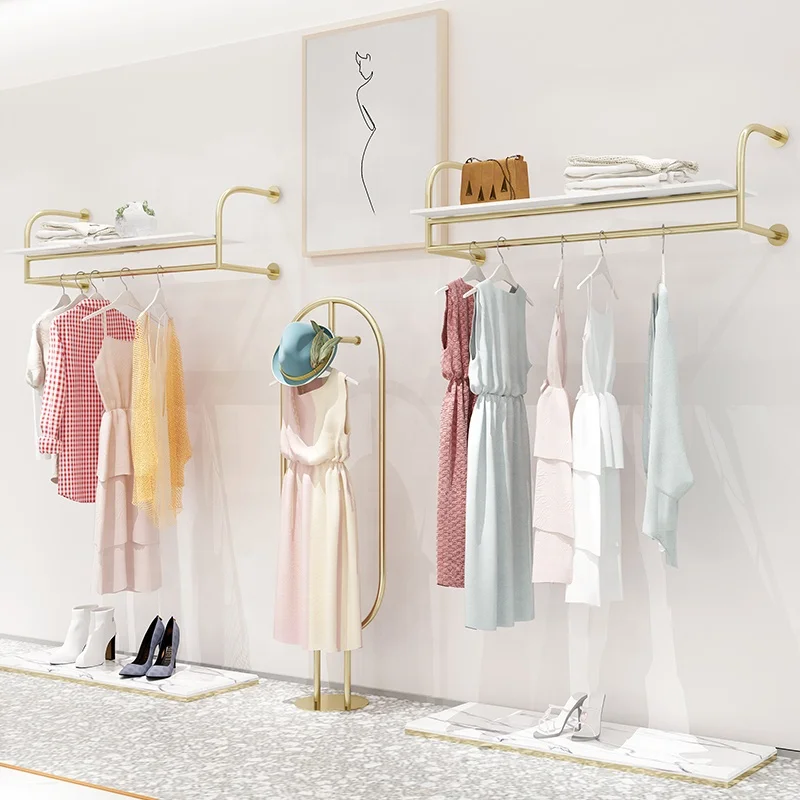 customized.Boutique Clothes Shop Wall Mounted Garment Rack Display Clothes Metal Clothing Rack With Shelves