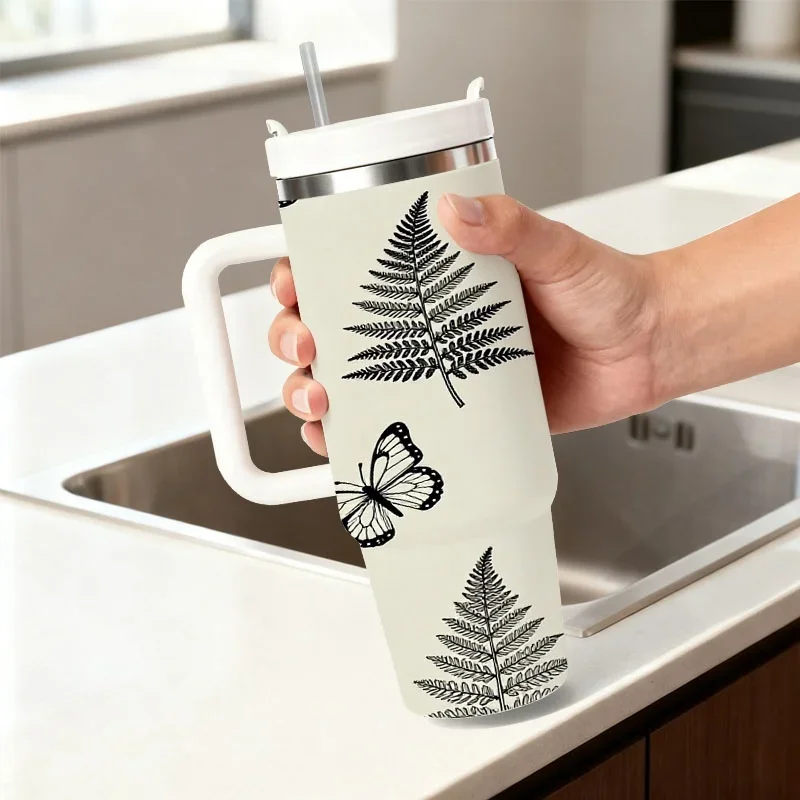 Stainless Steel 40Oz Insulated Tumbler, Botanical Fern, Butterfly And Flower Digital Print Design, Reusable Cold And Hot Drink Cup for Daily Use, Office Commute And Outdoor Activities