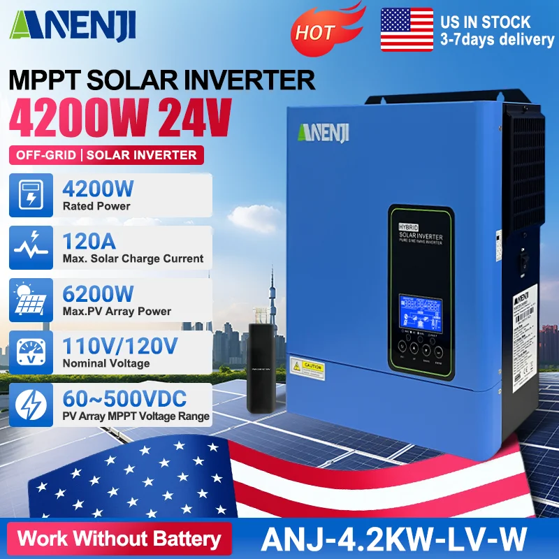 ANENJI 4.2KW 110V/120V off Grid Solar Inverter 24V 120A 6200W MPPT Charger Pure Sine Wave Household Inverter with WiFi US Stock