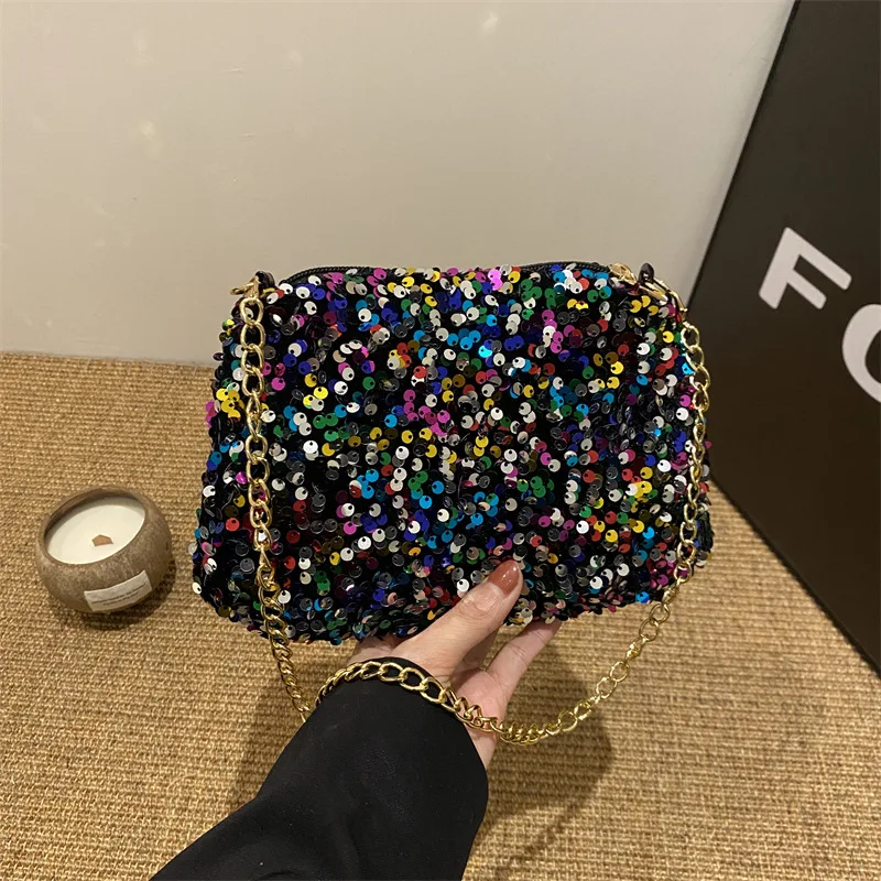 

Женская универсальная сумка через плечо с пайетками, элегантная минималистичная маленькая квадратная сумка на цепочке