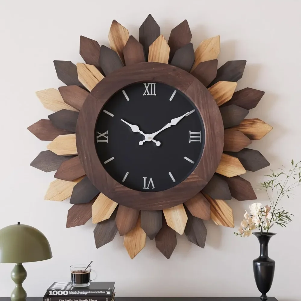 Wall Clock for Living Room Deco Boho Decorative Big Oversized Silent Battery Operated Farmhouse Wood Wall Clock