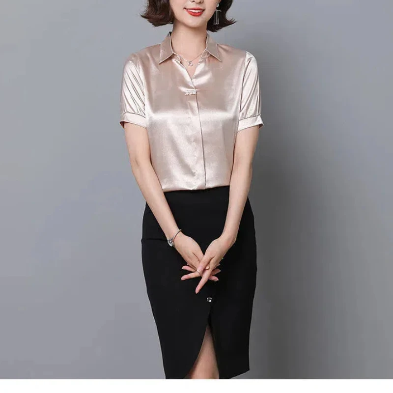 Summer Women's Clothing Solid Color Pullover Turn-down Collar Short Sleeve Chiffon Casual T-shirt Loose Vintage Formal Tops