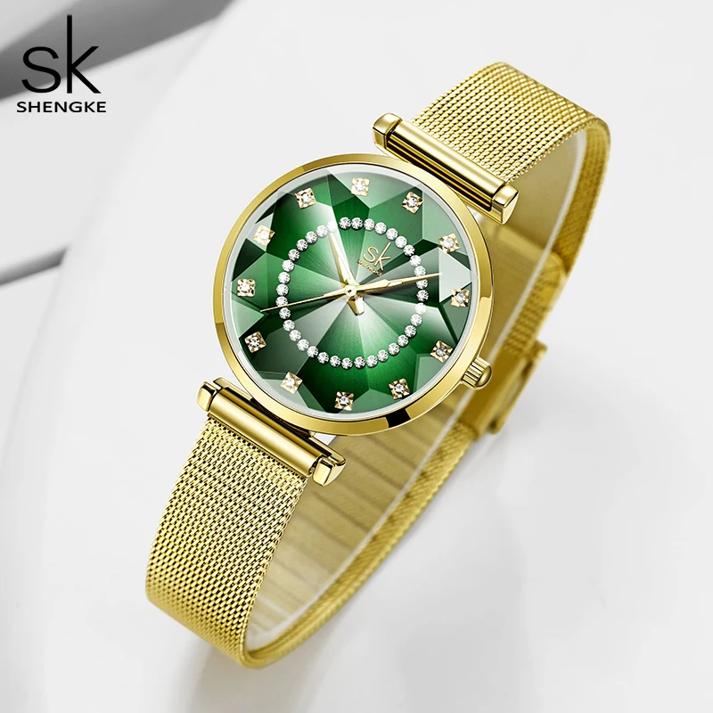 Relogio Feminino Shengke Original Design Women Watches Green Dial Stainless Steel Woman\'s Quartz Wristwatches For Ladies Clock