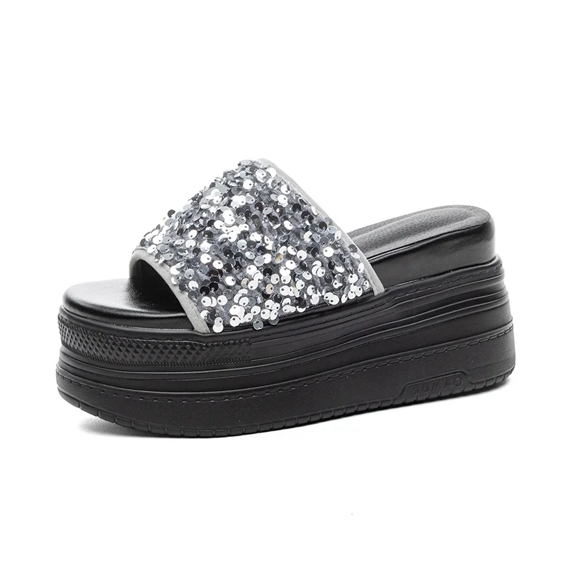 

Женские элегантные сандалии на платформе 9 см с блестками, летние туфли без каблука, дизайнерская обувь для женщин и девушек