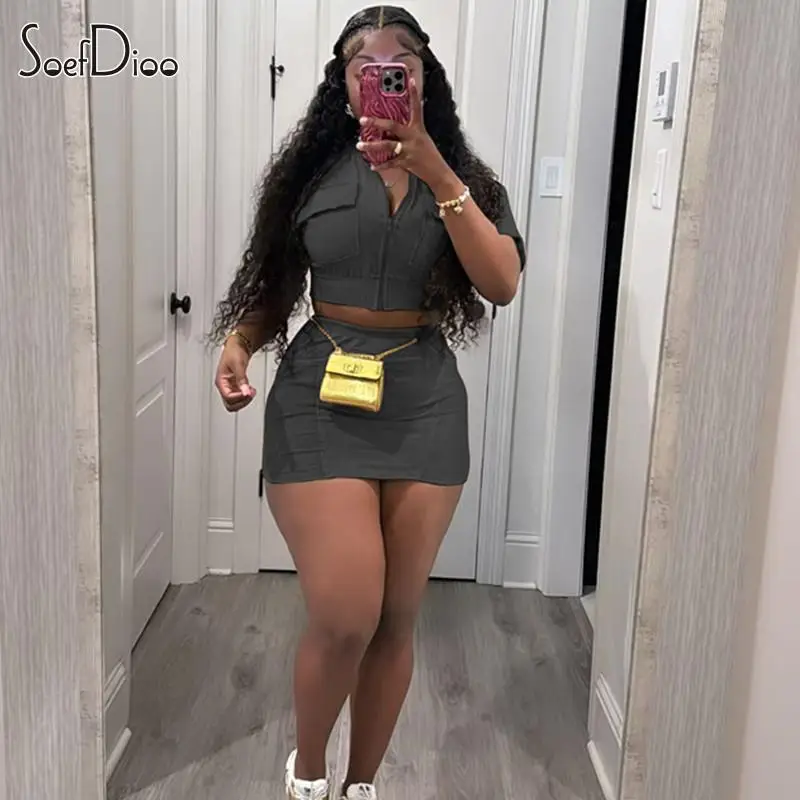 

Soefdioo Casual Washed Women's Set Short Sleeve Cardigan and Hip Mini Skirt Suits 2024 Summer Street Baddie 2 Piece Sets Outfits
