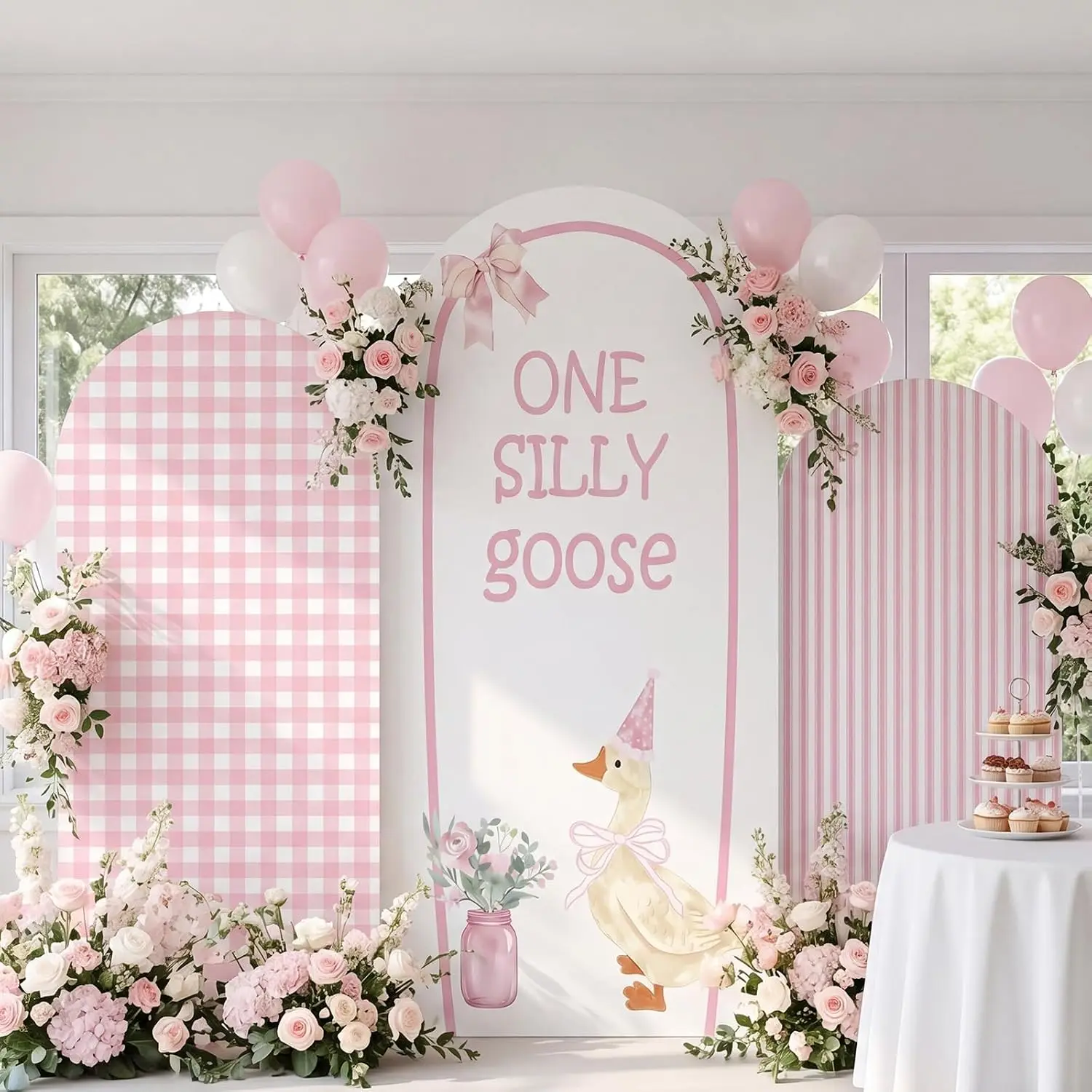 Pink One Silly Goose Baby Shower Arch Backdrop Covers for Girls Gingham Stripes Newborn 1st Birthday Party Background Supplies