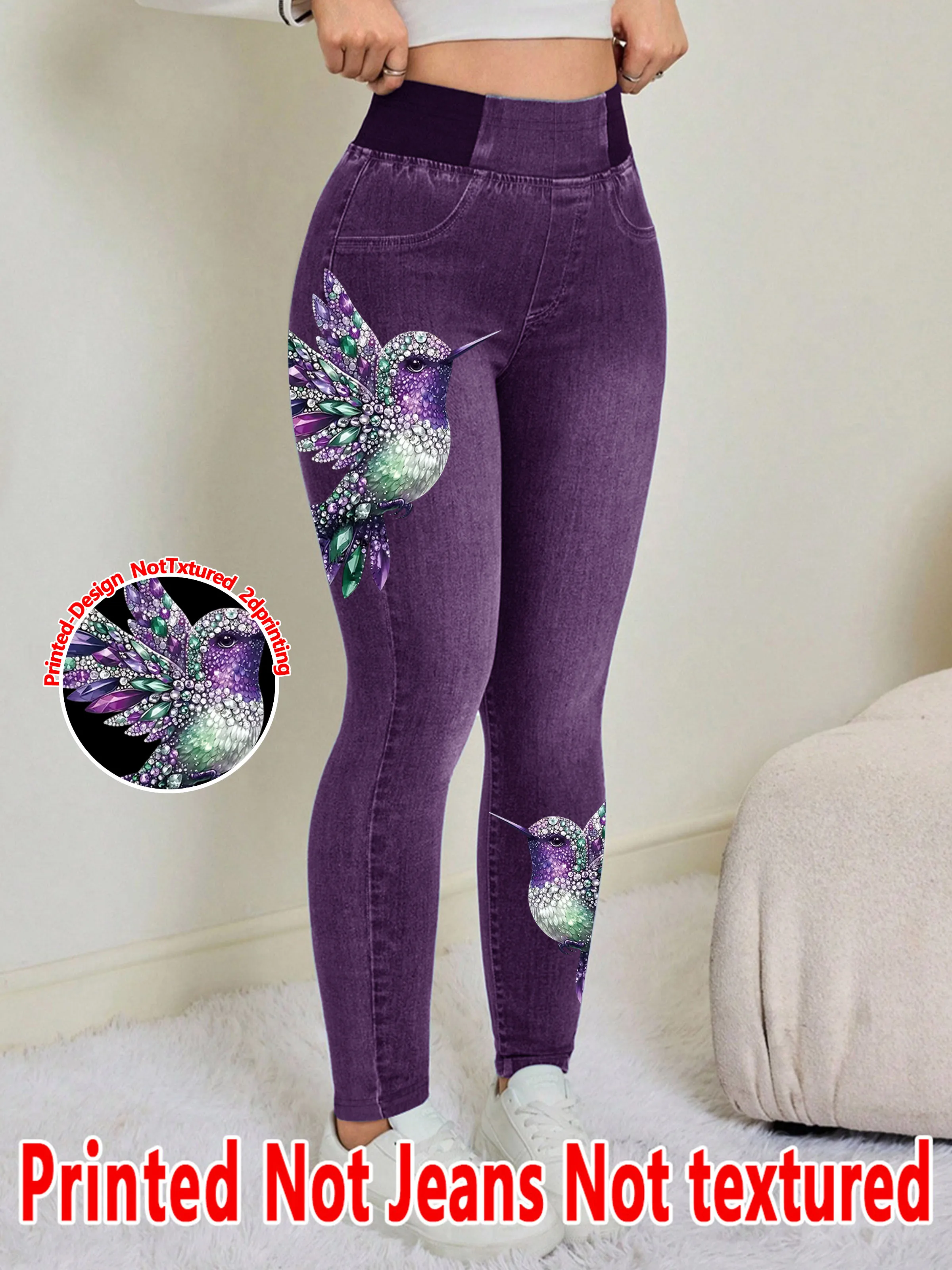[Printed Pants - Not Denim Fabric] Printed Leggings - Non-Denim Fabric, Women's Trousers, Imitation Denim Printed Leggings for A